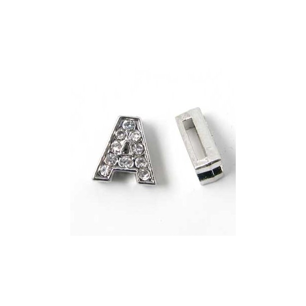 Letter A slide-charm, silver-coloured with crystals, ca. 10x12mm, 1pc.
