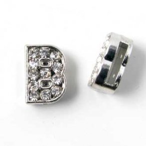 Bogstav B slide-charm, slvfarvet med krystaller, ca. 10x12 mm, 1 stk.