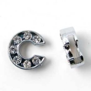 Bogstav C slide-charm, slvfarvet med krystaller, ca. 10x12 mm, 1 stk.