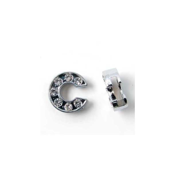 Letter C slide-charm, silver-coloured with crystals, ca. 10x12mm, 1pc.