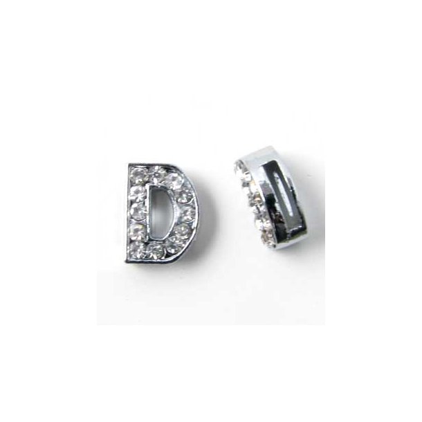 Letter D slide-charm, silver-coloured with crystals, ca. 10x12mm, 1pc.