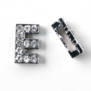 Bogstav E slide-charm, slvfarvet med krystaller, ca. 10x12 mm, 1 stk.