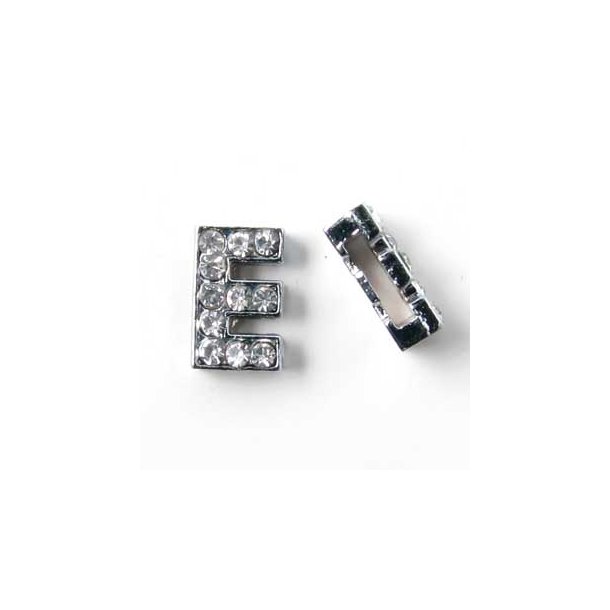 Letter E slide-charm, silver-coloured with crystals, ca. 10x12mm, 1pc.