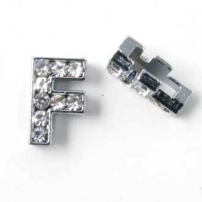 Letter F, slide charm, silver-coloured with crystals, ca. 10x12mm, 1pc.