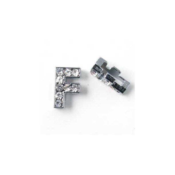 Letter F, slide charm, silver-coloured with crystals, ca. 10x12mm, 1pc.