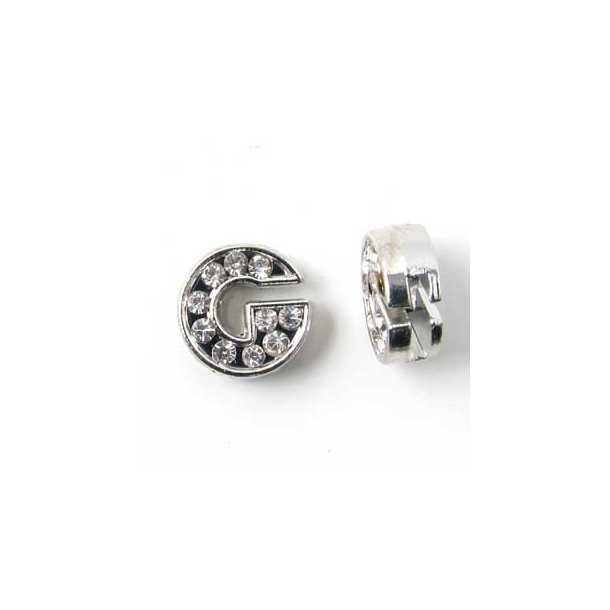 Letter G, slide charm, silver-coloured with crystals, ca. 10x12mm, 1pc.