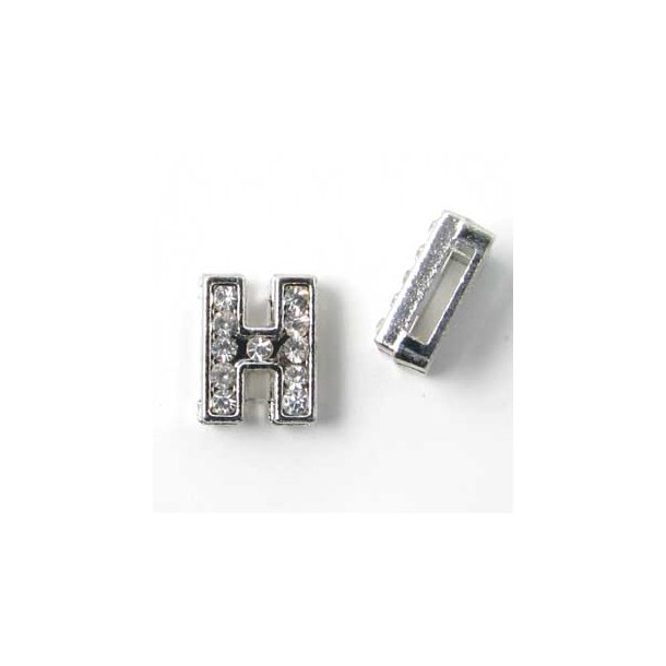 Letter H, slide charm, silver-coloured with crystals, ca. 10x12mm, 1pc.