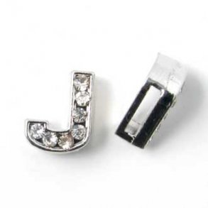 Bogstav J slide-charm, slvfarvet med krystaller, ca. 10x12 mm, 1 stk.