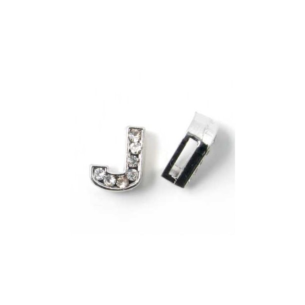 Letter J, slide charm, silver-coloured with crystals, ca. 10x12mm, 1pc.
