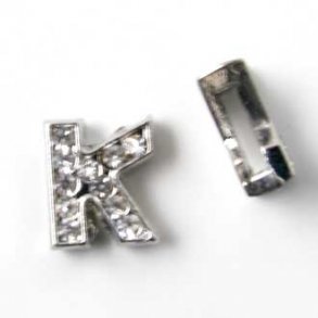 Bogstav K slide-charm, slvfarvet med krystaller, ca. 10x12 mm, 1 stk.