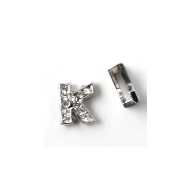 Letter K, slide charm, silver-coloured with crystals, ca. 10x12mm, 1pc.