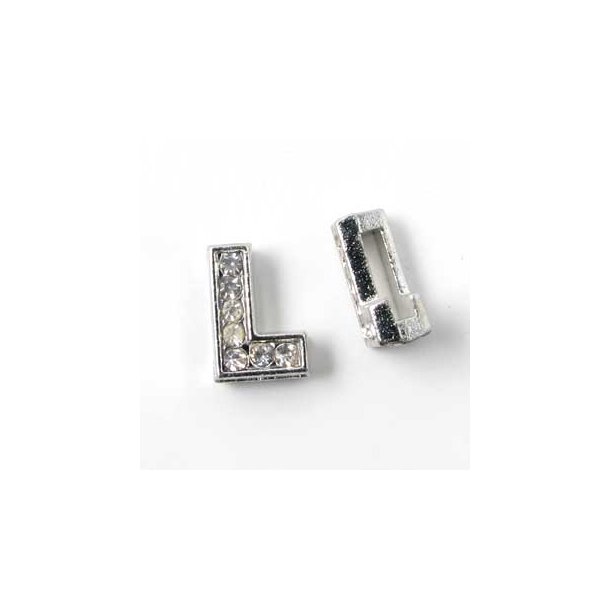 Letter L, slide charm, silver-coloured with crystals, ca. 10x12mm, 1pc.