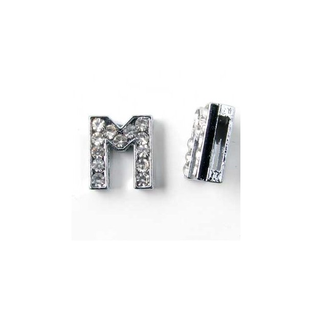 Letter M, slide charm, silver-coloured with crystals, ca. 10x12mm, 1pc.
