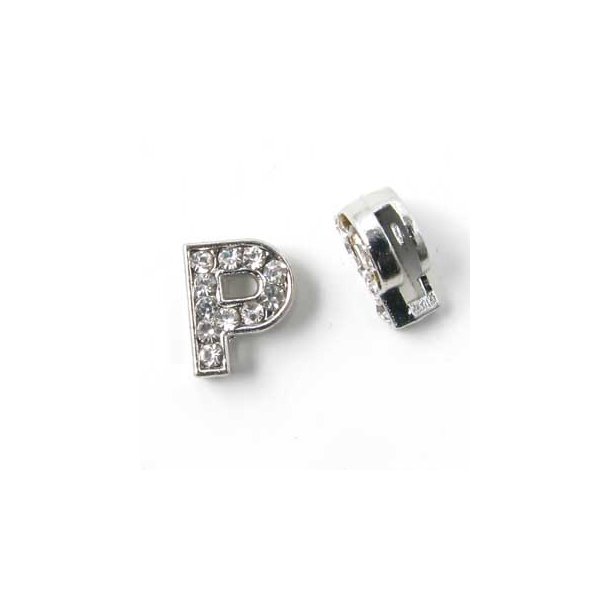 Letter P, slide charm, silver-coloured with crystals, ca. 10x12mm, 1pc.