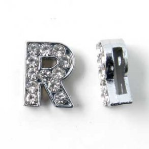 Bogstav R slide-charm, slvfarvet med krystaller, ca. 10x12 mm, 1 stk