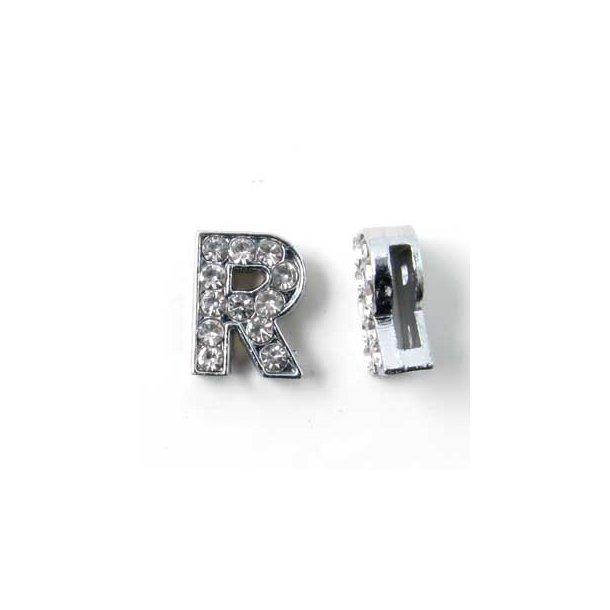 Letter R, slide charm, silver-coloured with crystals, ca. 10x12mm, 1pc.