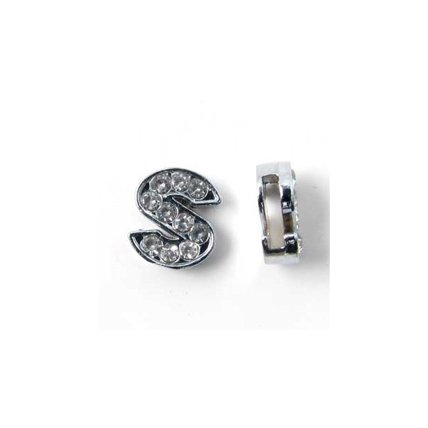Letter S, slide charm, silver-coloured with crystals, ca. 10x12mm, 1pc.