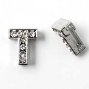 Bogstav T slide-charm, slvfarvet med krystaller, ca. 10x12 mm, 1 stk