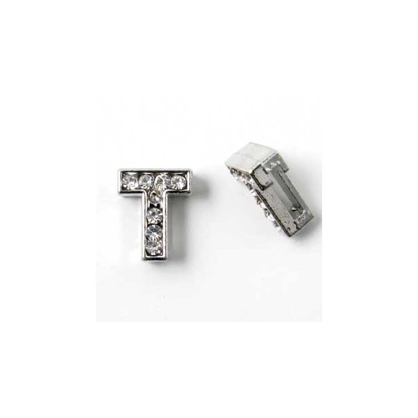Letter T, slide charm, silver-coloured with crystals, ca. 10x12mm, 1pc.