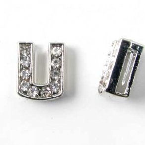 Bogstav U slide-charm, slvfarvet med krystaller, ca. 10x12 mm, 1 stk