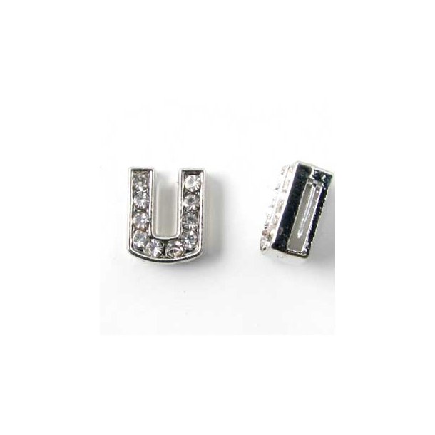 Letter U, slide charm, silver-coloured with crystals, ca. 10x12mm, 1pc.