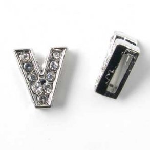 Buchstabe V Slide-Charm, silbergefärbt mit Kristallen, ca. 10x12 mm, 1 Stk.