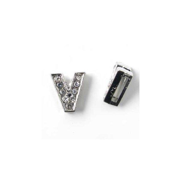 Letter V, slide charm, silver-coloured with crystals, ca. 10x12mm, 1pc.