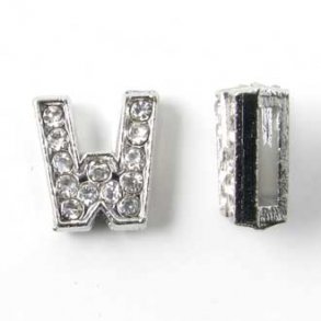 Bogstav W slide-charm, slvfarvet med krystaller, ca. 10x12 mm, 1 stk