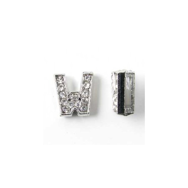 Letter W, slide charm, silver-coloured with crystals, ca. 10x12mm, 1pc.