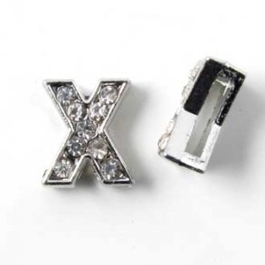 Bogstav X slide-charm, slvfarvet med krystaller, ca. 10x12 mm, 1 stk