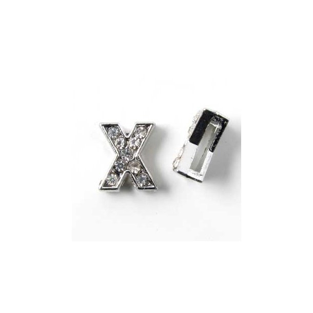 Bogstav X slide-charm, slvfarvet med krystaller, ca. 10x12 mm, 1 stk