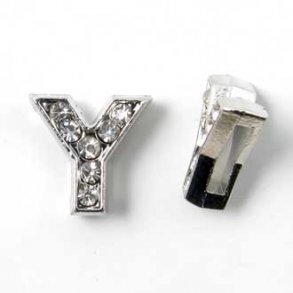 Bogstav Y slide-charm, slvfarvet med krystaller, ca. 10x12 mm, 1 stk