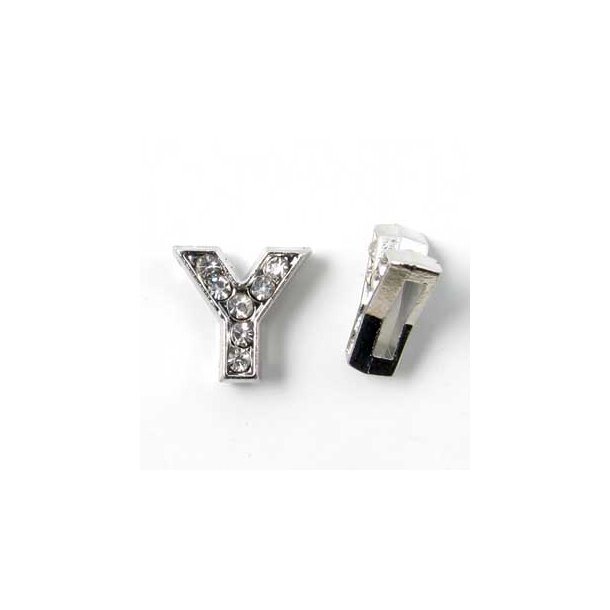 Bogstav Y slide-charm, slvfarvet med krystaller, ca. 10x12 mm, 1 stk