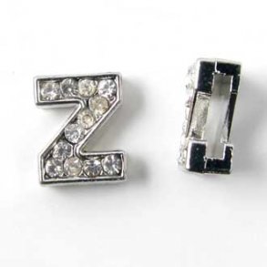 Bogstav Z slide-charm, slvfarvet med krystaller, ca. 10x12 mm, 1 stk