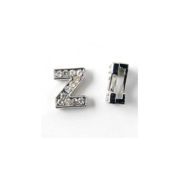 Bogstav Z slide-charm, slvfarvet med krystaller, ca. 10x12 mm, 1 stk
