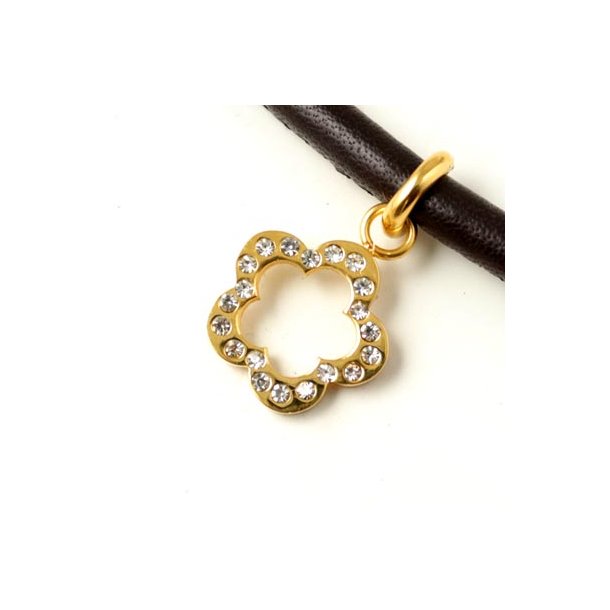Flower charm, outline with crystals, quality gilded steel, 16mm, with eye and jump ring, 1pc.