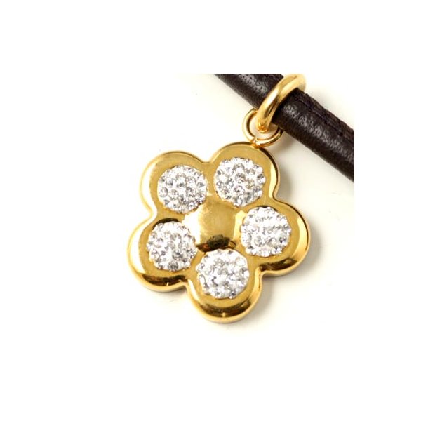 Flower charm, large, crystal studded, quality gilded steel, 22 mm, with eye and jump ring, 1pc.