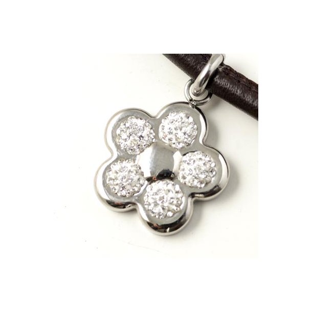 Flower charm, large, crystalset, stainless steel, 22mm with eye and jump ring. 1pc.