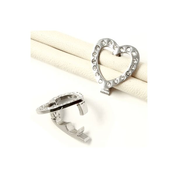 Heart-clip, polished steel with clear crystals, for double cord of 5-6mm, 15x15mm, 1pc.