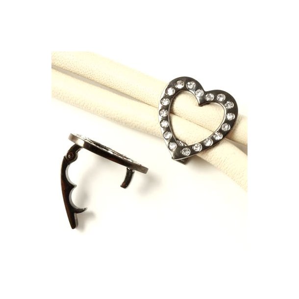 Heart-clip, black steel with clear crystals, for double cord of 5-6mm, 15x15mm, 1pc.