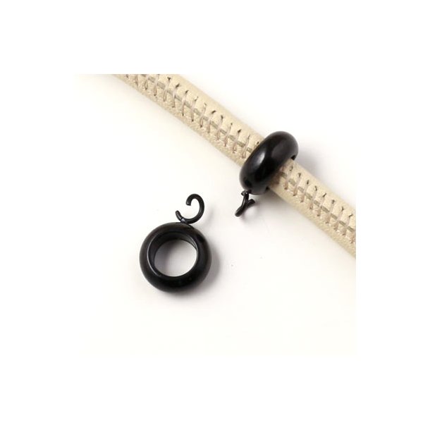Ring/spacer bead, round, black steel with eye and 6.2mm hole, 1pc.