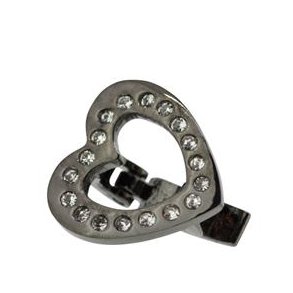 Herz Clip-Anhänger, Schwarzer Edelstahl mit Kristallen, 12x12 mm, für 1 Band 5-6 mm, 1 stk