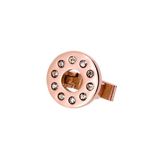 Circle-clip, round rose gold steel with clear crystals, used with cords of 5-6mm, 10mm, 1pc.