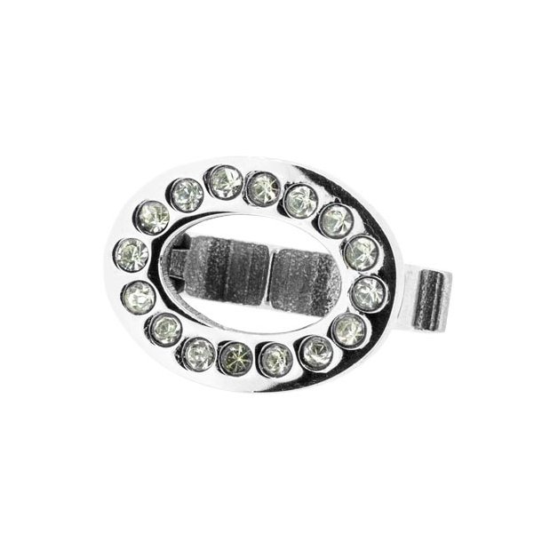 Oval-clip, steel with clear crystals, for double cord of a 5-6mm, 13x10mm, 1pc.
