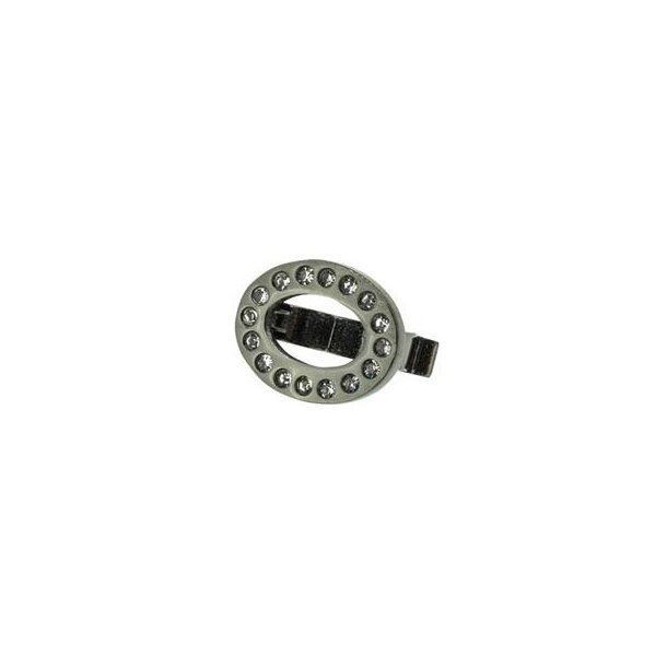 Oval-clip, black steel with clear crystals, for double cord of a 5-6mm, 13x10mm, 1pc.
