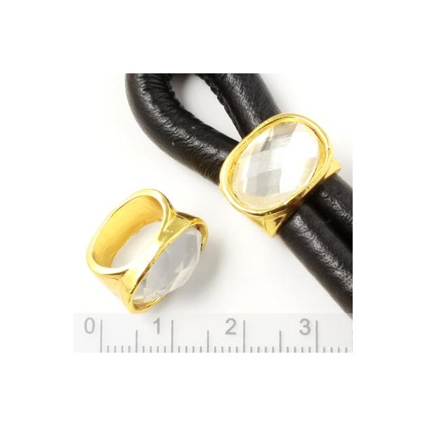 Connector bead with large crystal, oval-shaped hole, gilded brass, inner hole size 11.5x7mm, 1pc.