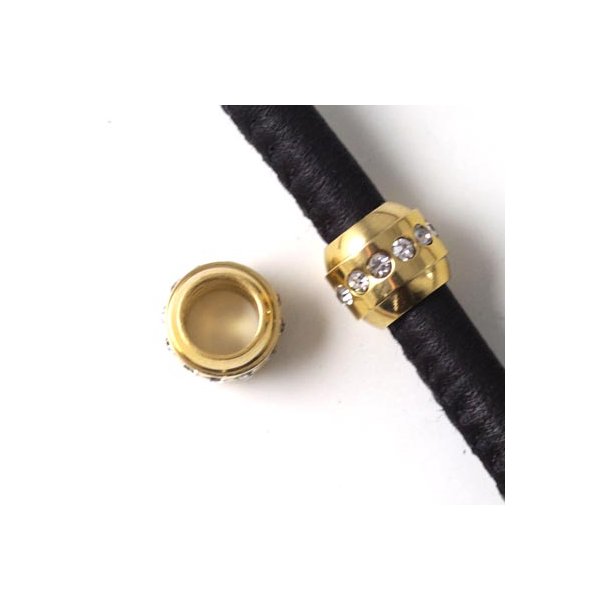 Bracelet bead with transparent crystals, gilded steel, 5mm hole, 1pc.