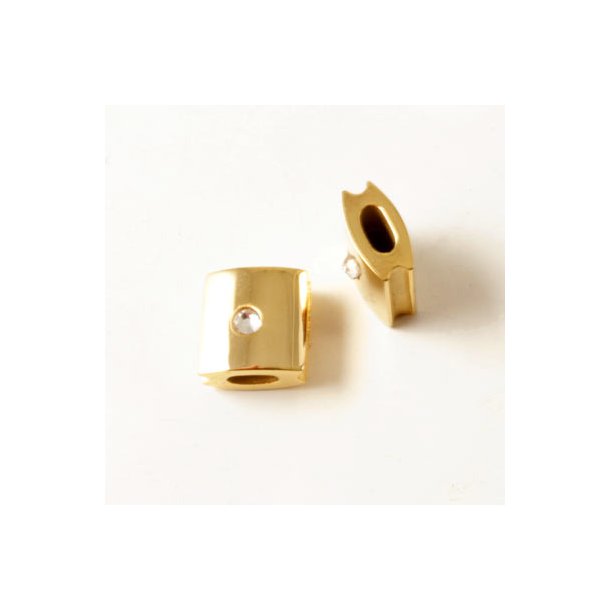Viereckige Perle vergoldet mit Kristall, f&uuml;r gekn&uuml;pfte Armb&auml;nder, Stahl, 10x10x5 mm, 1 Stk