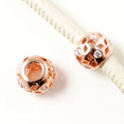 Starke Armbandperle mit klaren Zirkonia, rotvergoldetes Messing, 9x11 mm, 5 mm Loch, 1 Stk.