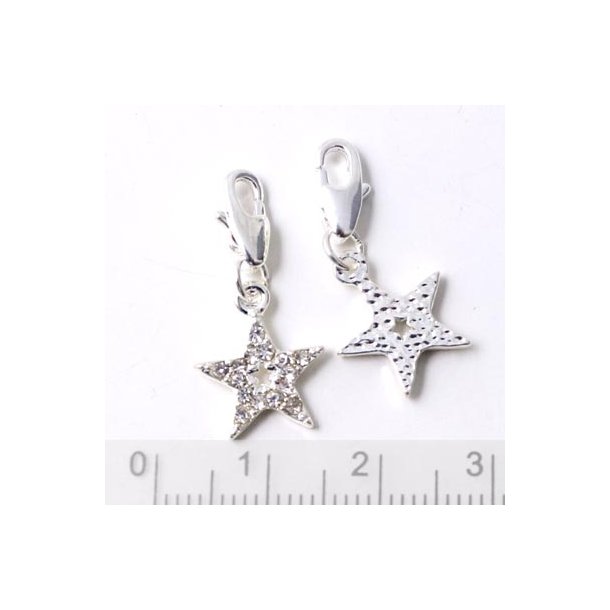 Star charm, silvered with lobster claw clasp and clear crystals, 1pc. Jewellery Bead